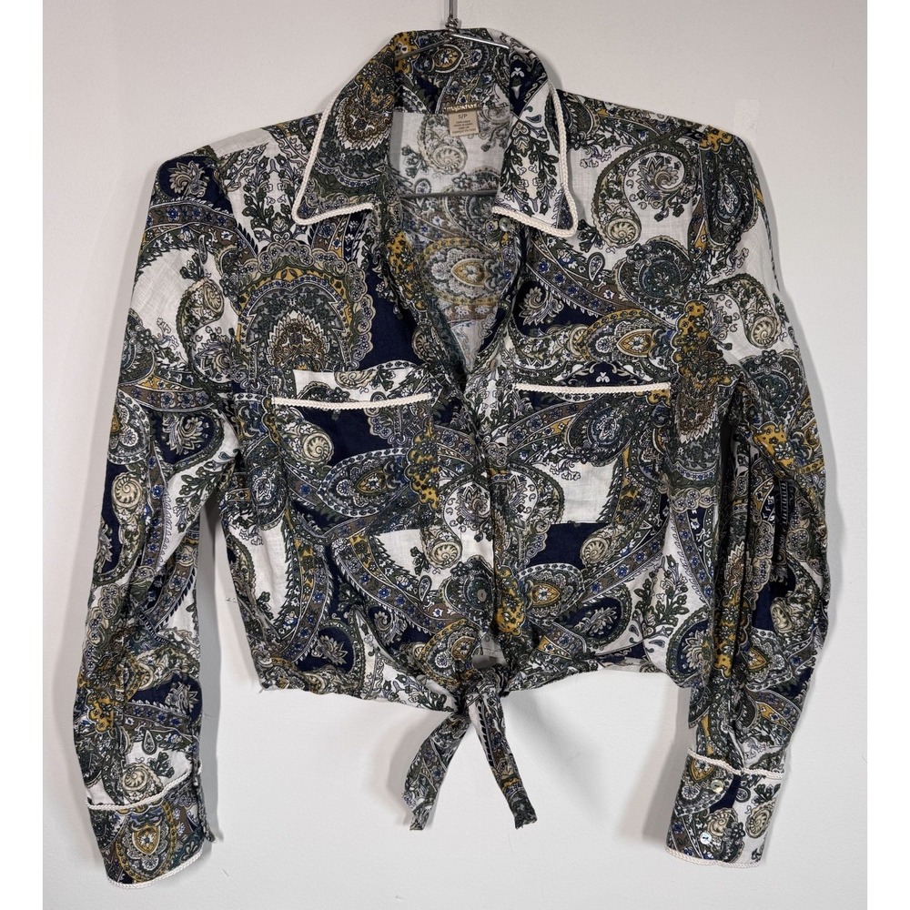 Magaschoni 100% Linen Long Sleeve Paisley Tie Front Blouse Top Women's S Resort
